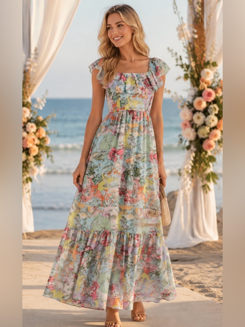 NWT Alice + Olivia Ruffled Off Shoulder Maxi Dress - Multi Print Boho Maxi Dress - Picture 7 of 13